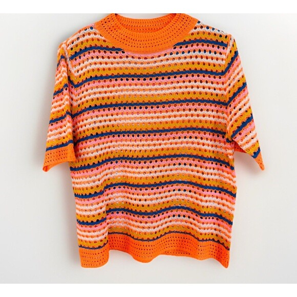Womens Bright Colorful Open Knit Sweater Size XL Striped Orange Hippie - Picture 1 of 5